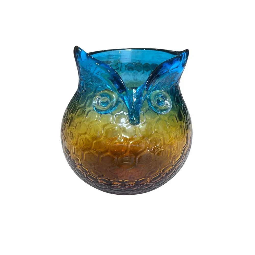 Art Glass Owl Vase Ombre Blue Amber Honeycomb Texture Hand Blown 7 Inch